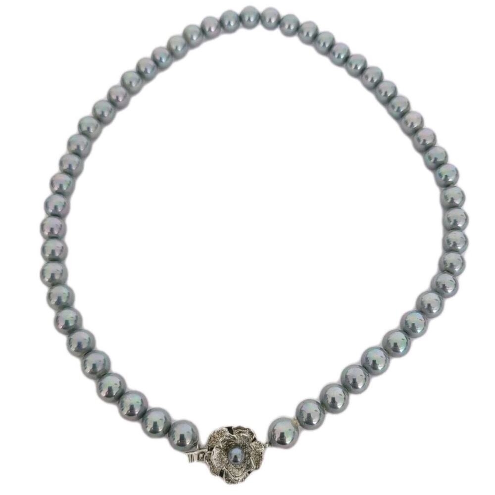 Grey Faux Pearl 7 mm With SterlingSilver Flower Clasp 15" Beaded Necklace Choker